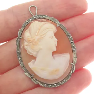 800 Silver Antique Real Marcasite Cameo Lady Brooch / Pendant (missing 1 stone)
