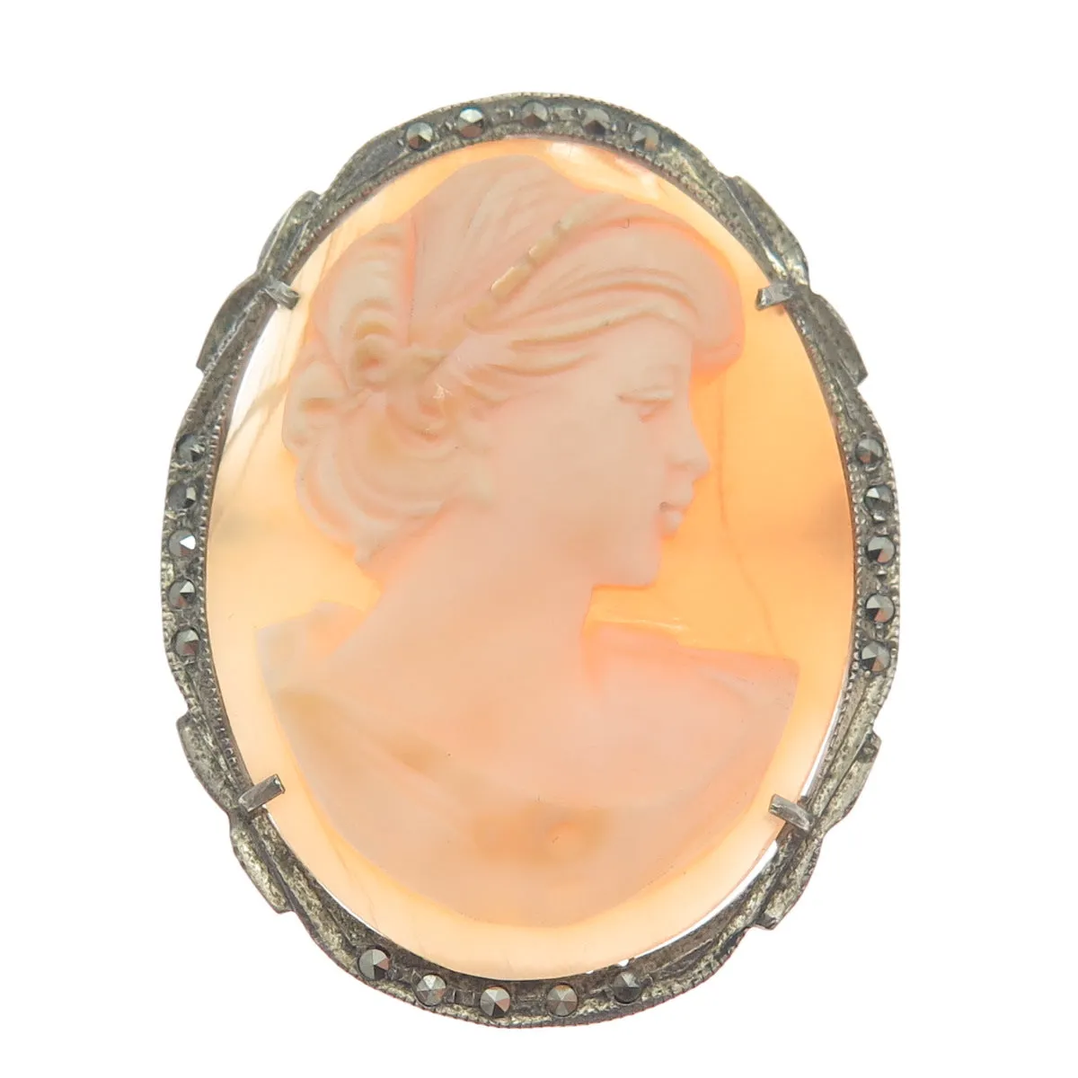 800 Silver Antique Real Marcasite Cameo Lady Brooch / Pendant (missing 1 stone)