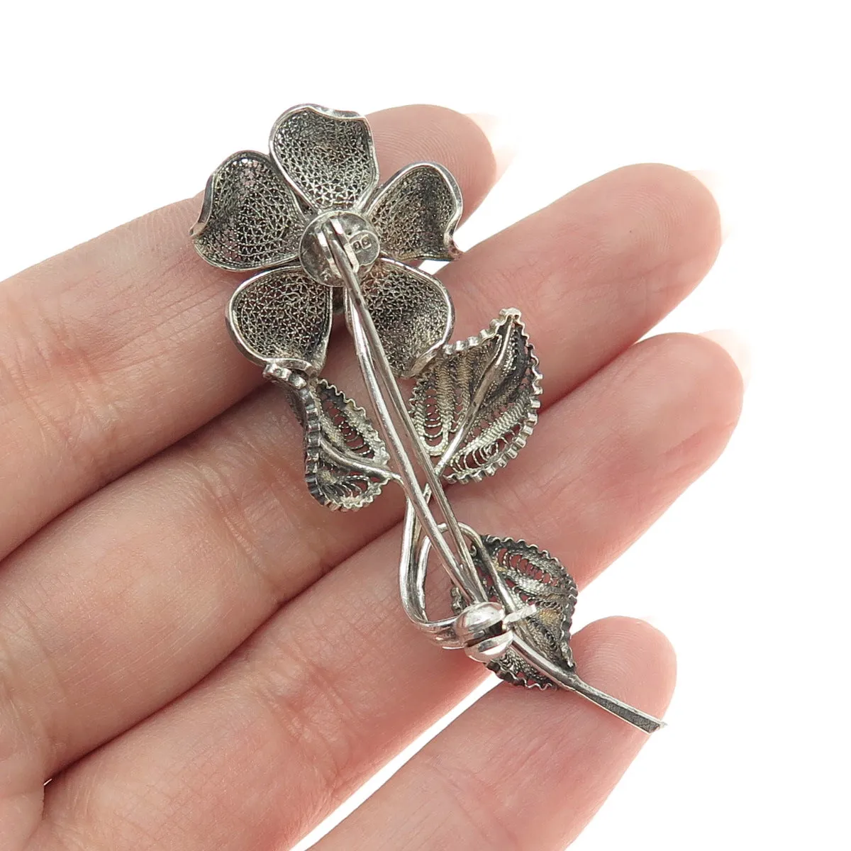 800 Silver Vintage Filigree Floral Pin Brooch