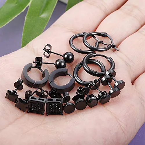 9 Pairs Stainless Steel CZ Stud Earrings for Women Mens