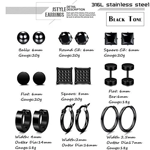 9 Pairs Stainless Steel CZ Stud Earrings for Women Mens
