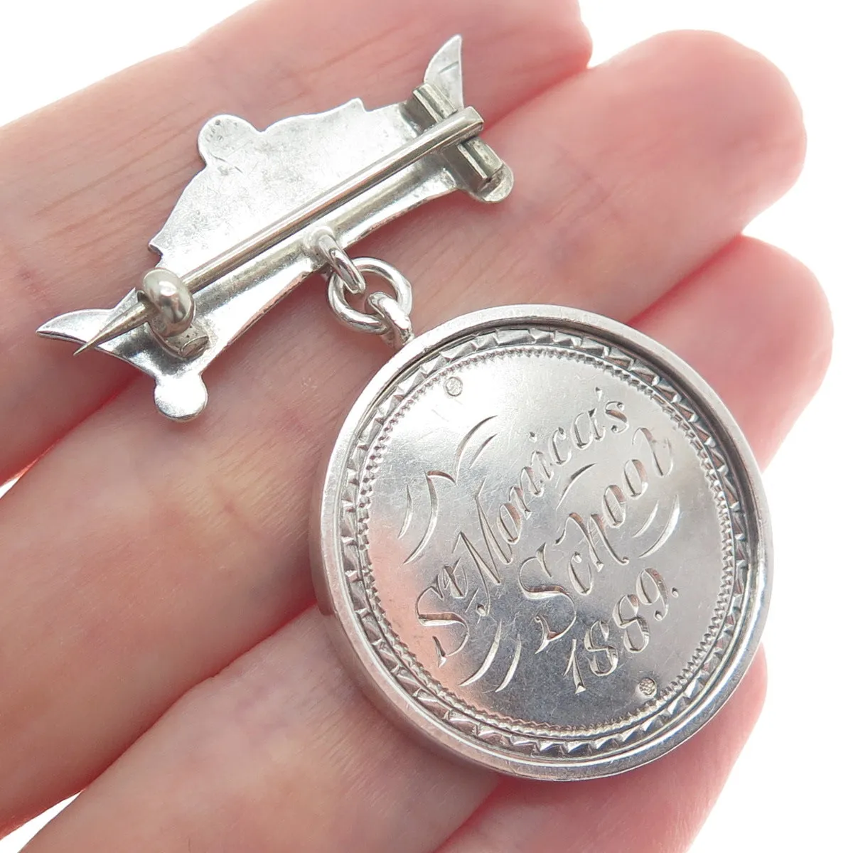 925 Sterling Antique Victorian Engraved St. Monica School 1889 Medal Pin Brooch