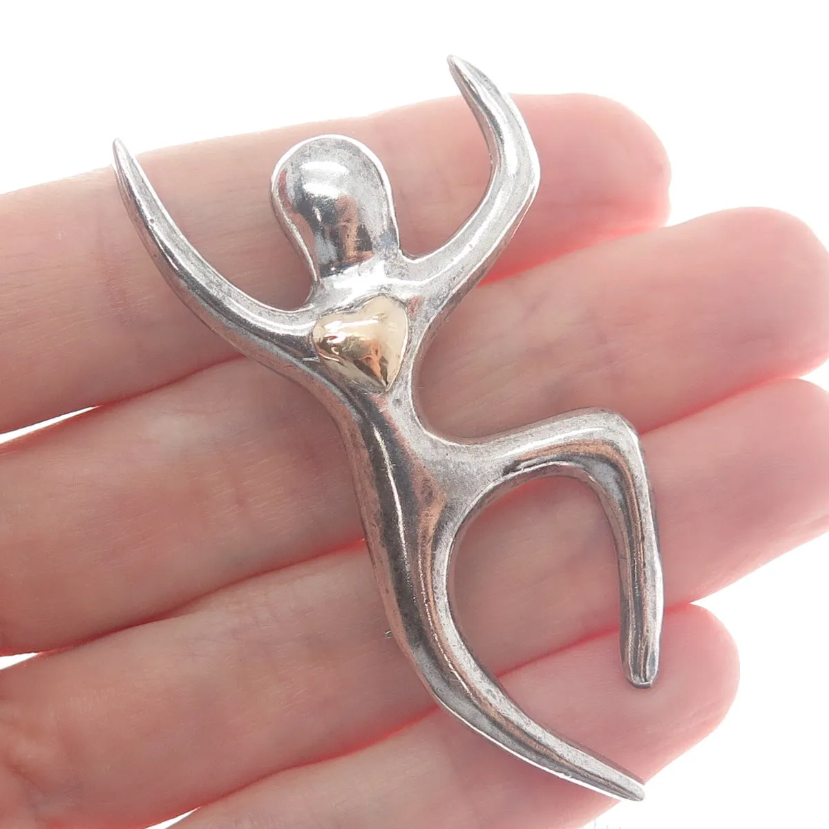 925 Sterling Silver & Gold Vintage Love to Dance Heart Modernist Pin Brooch