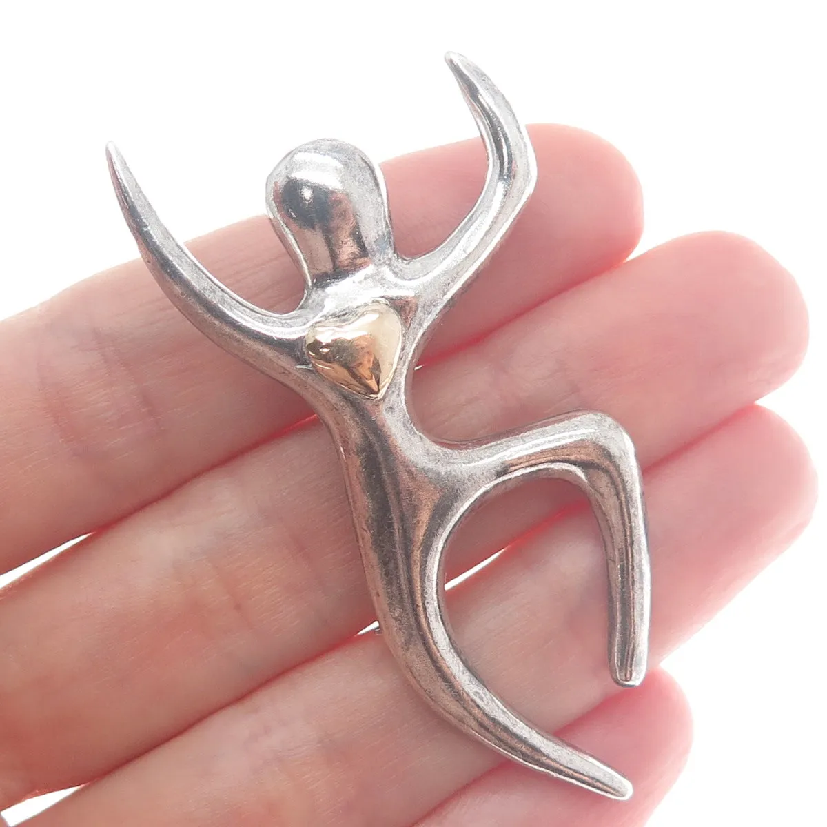 925 Sterling Silver & Gold Vintage Love to Dance Heart Modernist Pin Brooch