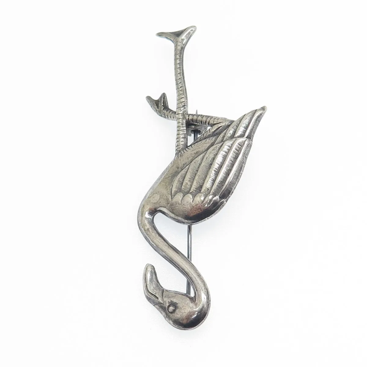 925 Sterling Silver Antique Art Deco Flamingo Bird Oxidized Pin Brooch