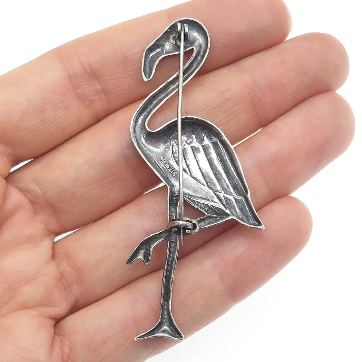 925 Sterling Silver Antique Art Deco Flamingo Bird Oxidized Pin Brooch