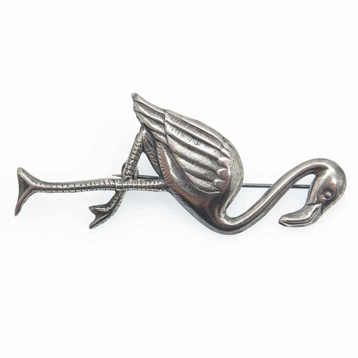 925 Sterling Silver Antique Art Deco Flamingo Bird Oxidized Pin Brooch