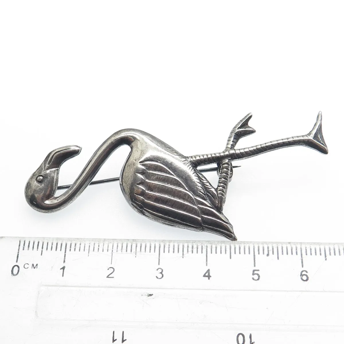 925 Sterling Silver Antique Art Deco Flamingo Bird Oxidized Pin Brooch