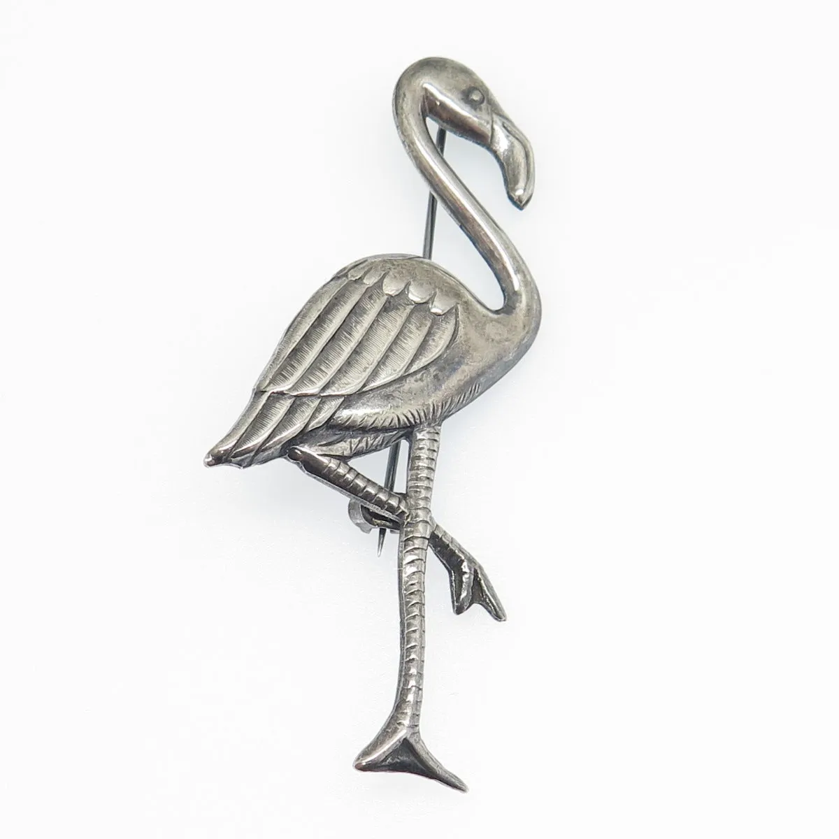 925 Sterling Silver Antique Art Deco Flamingo Bird Oxidized Pin Brooch