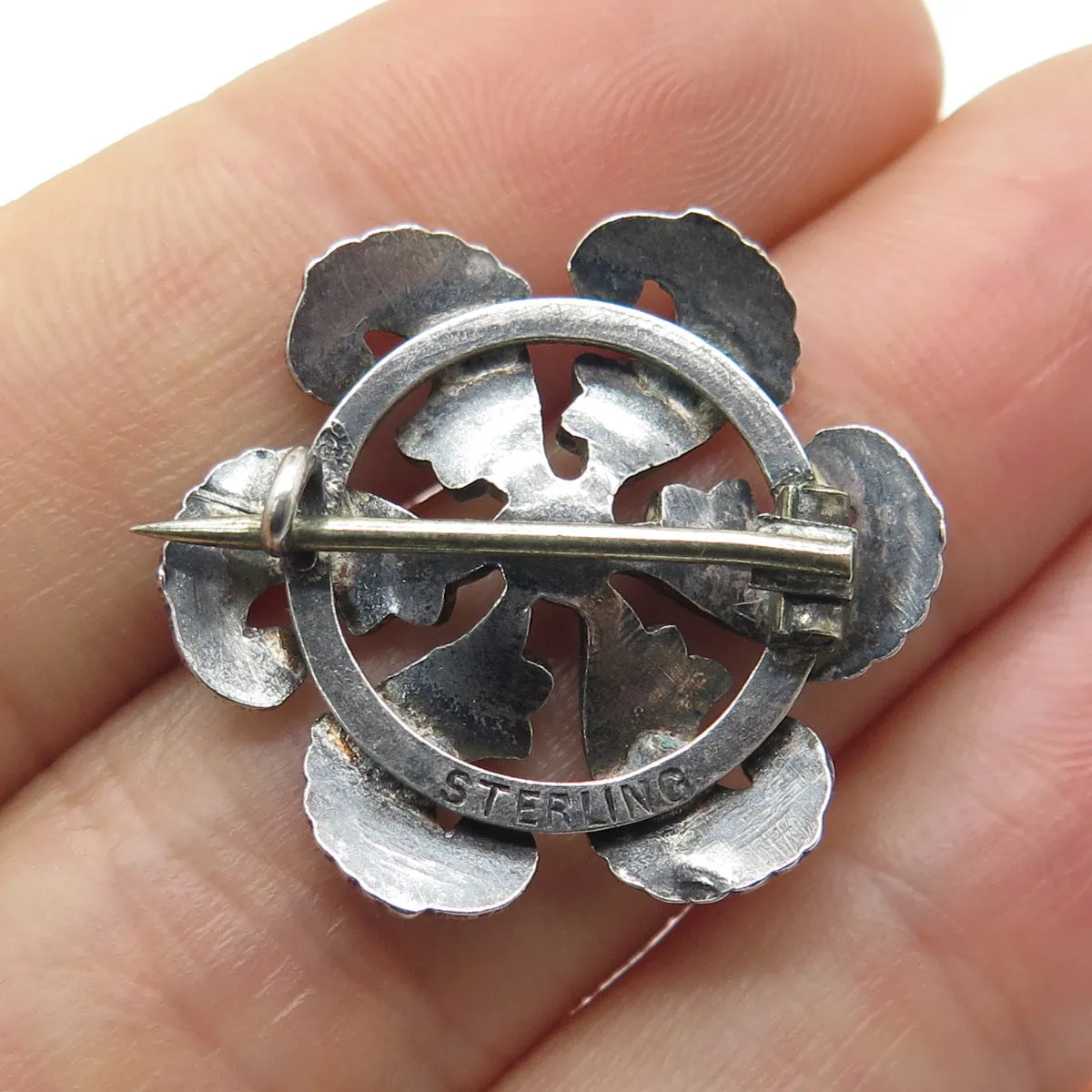 925 Sterling Silver Antique Art Deco Floral Oxidized Pin Brooch