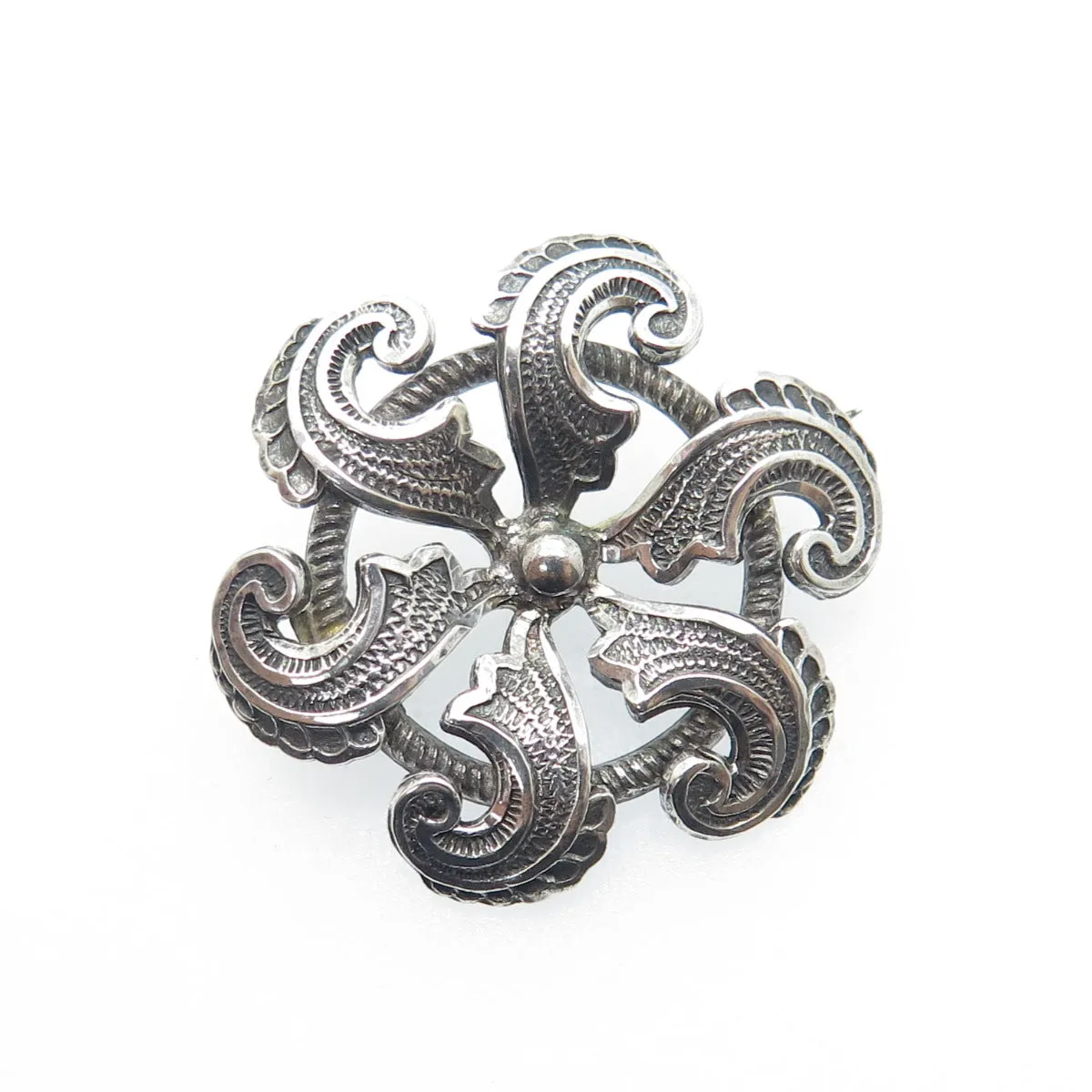 925 Sterling Silver Antique Art Deco Floral Oxidized Pin Brooch