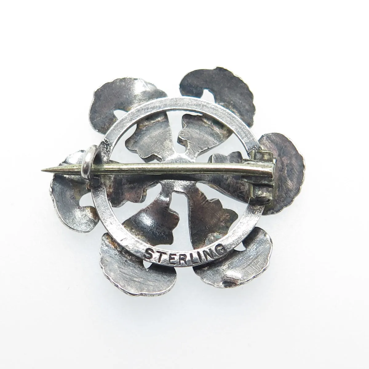 925 Sterling Silver Antique Art Deco Floral Oxidized Pin Brooch