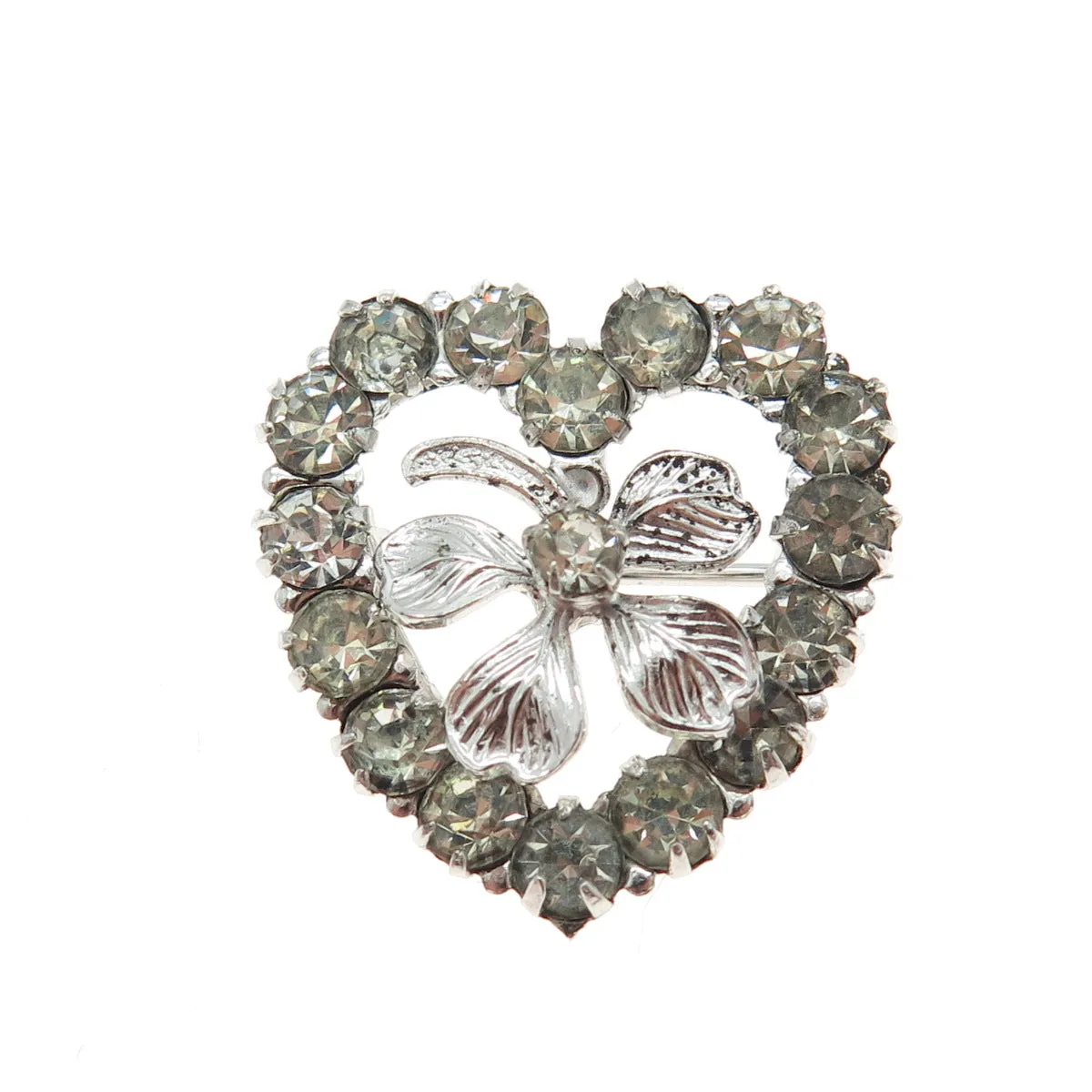 925 Sterling Silver Antique Art Deco Rhinestone Clover For Good Luck Brooch