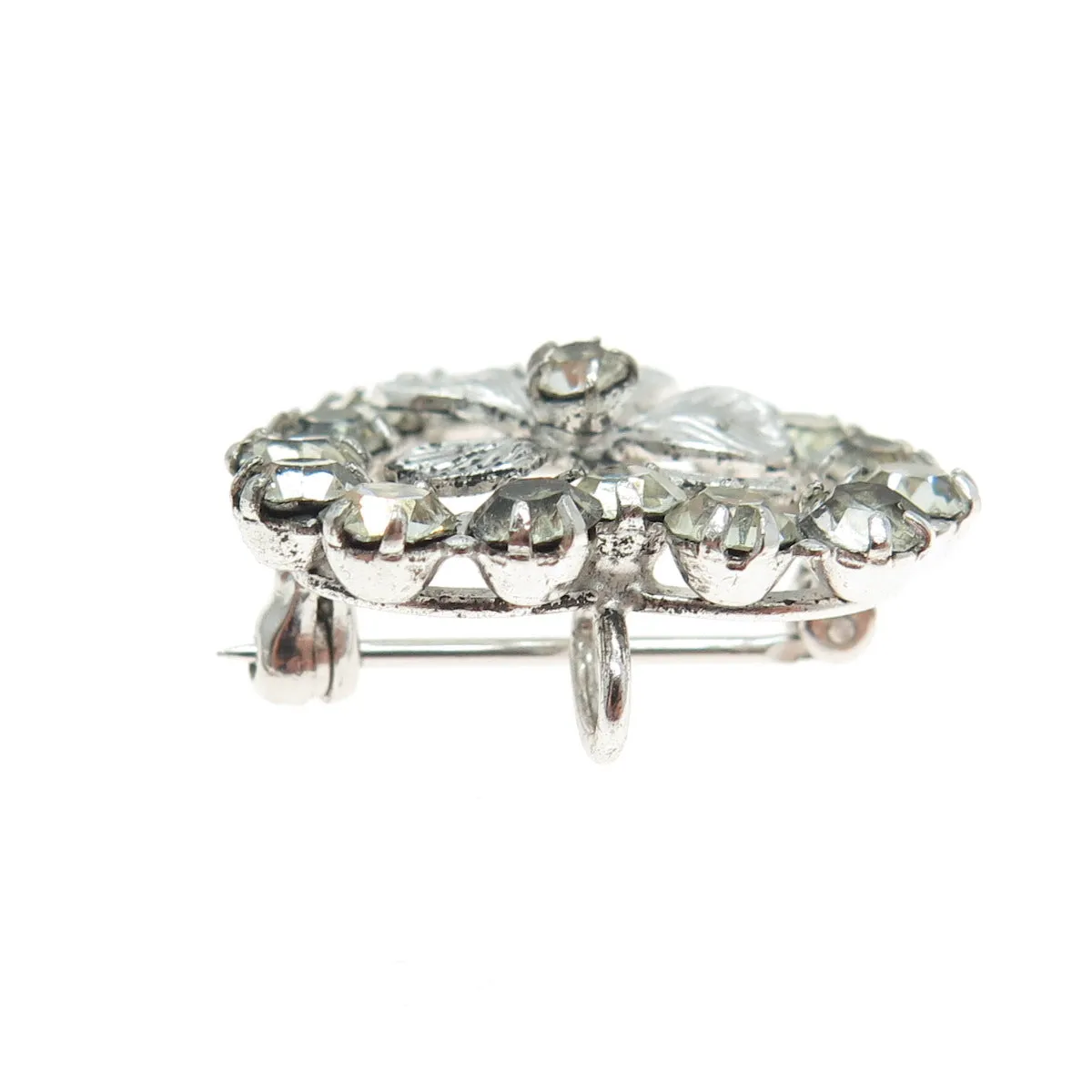 925 Sterling Silver Antique Art Deco Rhinestone Clover For Good Luck Brooch