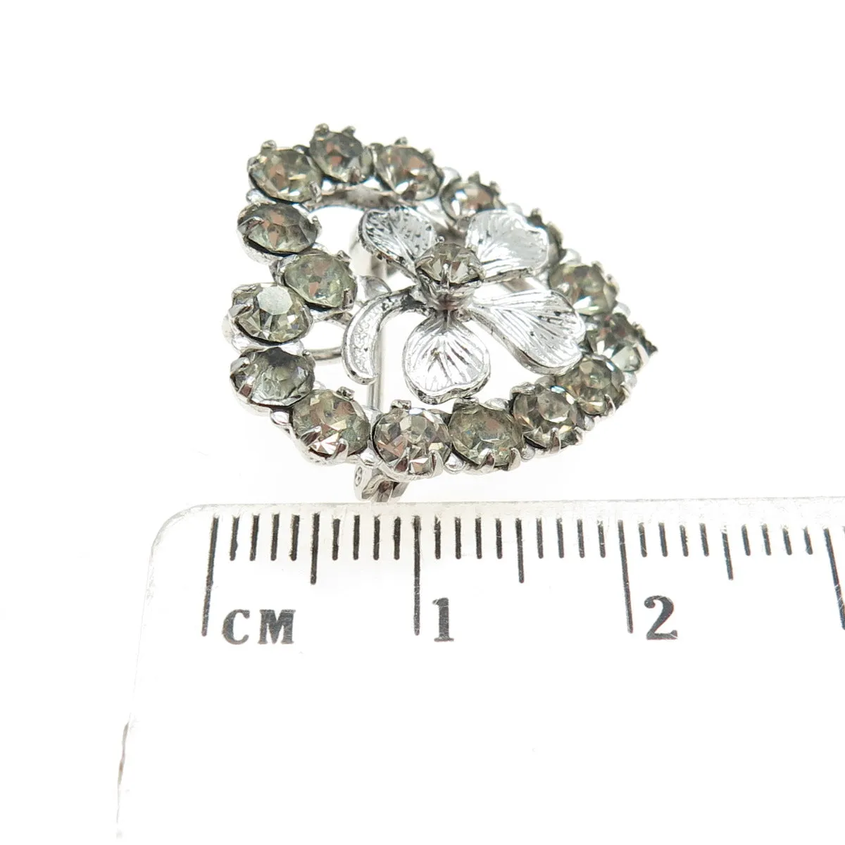 925 Sterling Silver Antique Art Deco Rhinestone Clover For Good Luck Brooch