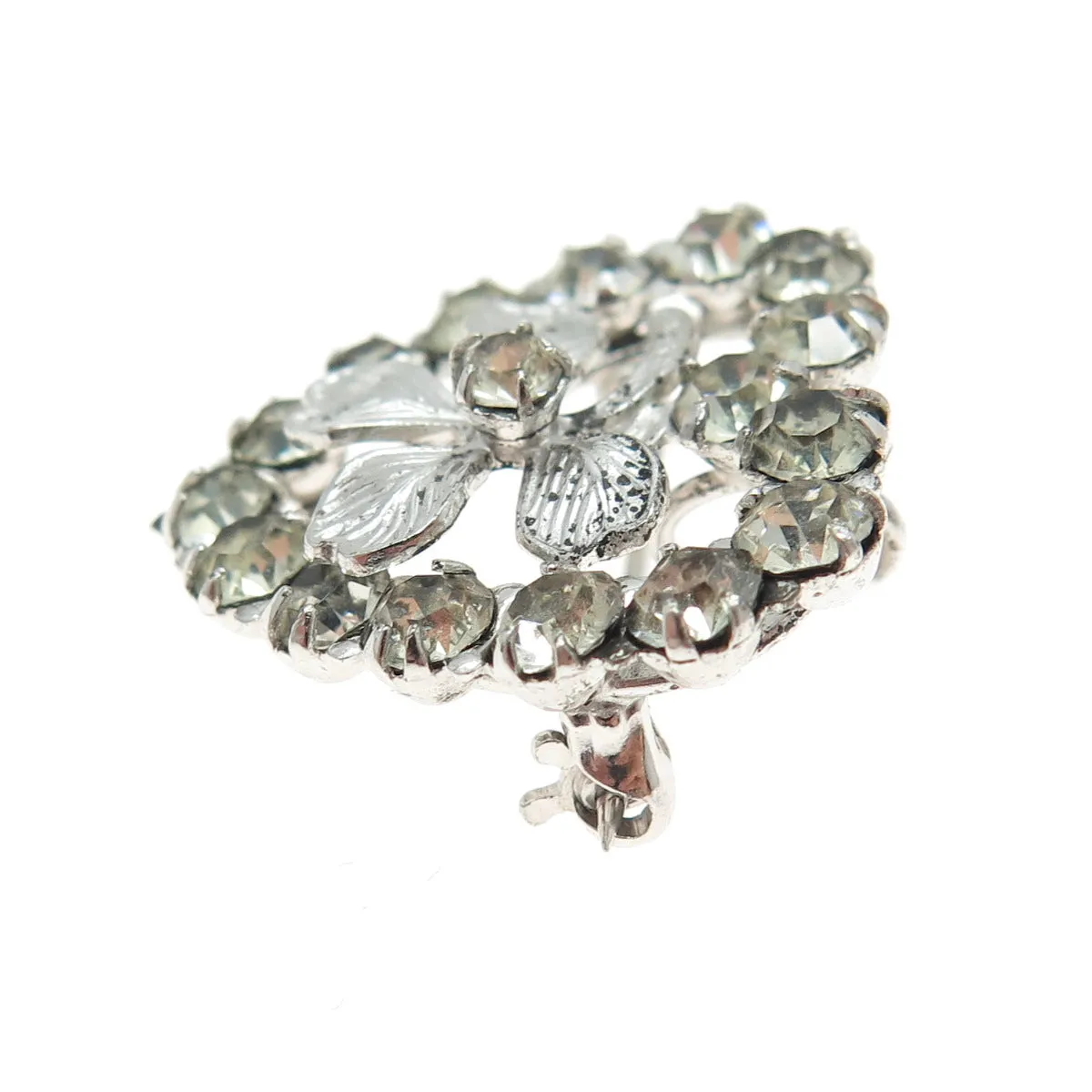 925 Sterling Silver Antique Art Deco Rhinestone Clover For Good Luck Brooch