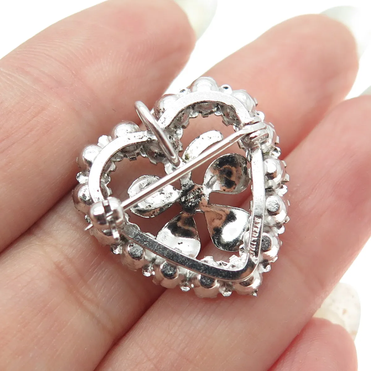 925 Sterling Silver Antique Art Deco Rhinestone Clover For Good Luck Brooch