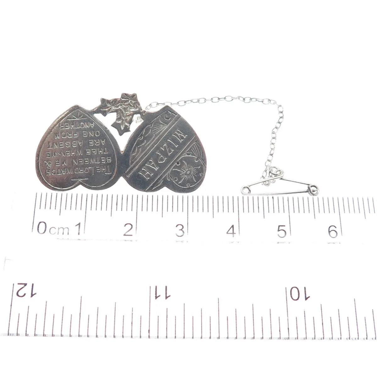 925 Sterling Silver Antique Engraved Mizpah Genesis 31:49 Bible Heart Pin Brooch