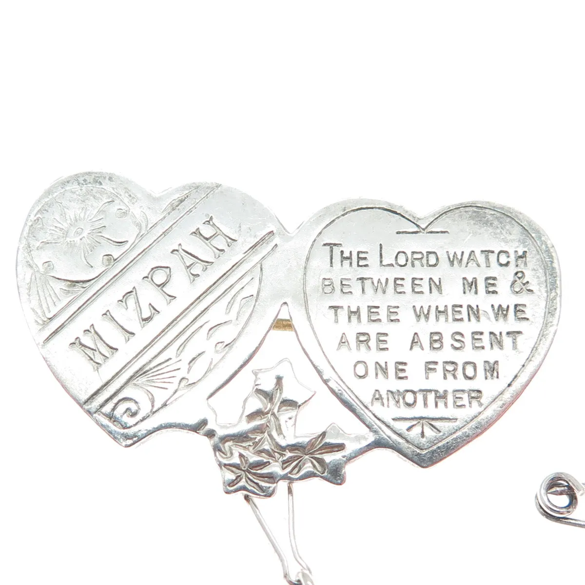 925 Sterling Silver Antique Engraved Mizpah Genesis 31:49 Bible Heart Pin Brooch
