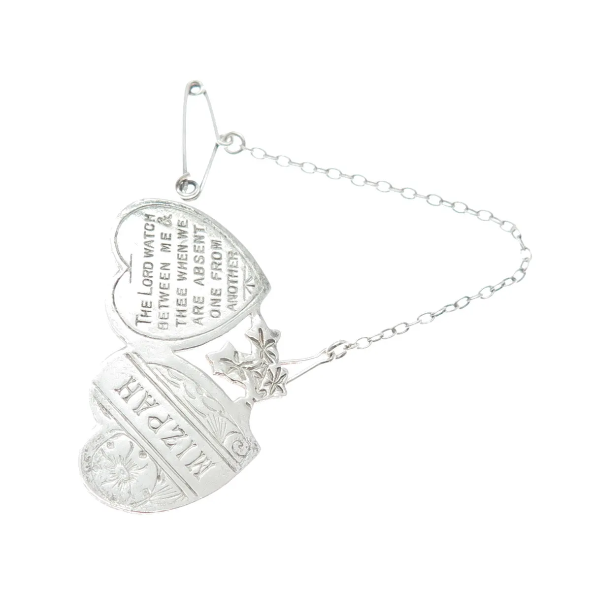 925 Sterling Silver Antique Engraved Mizpah Genesis 31:49 Bible Heart Pin Brooch