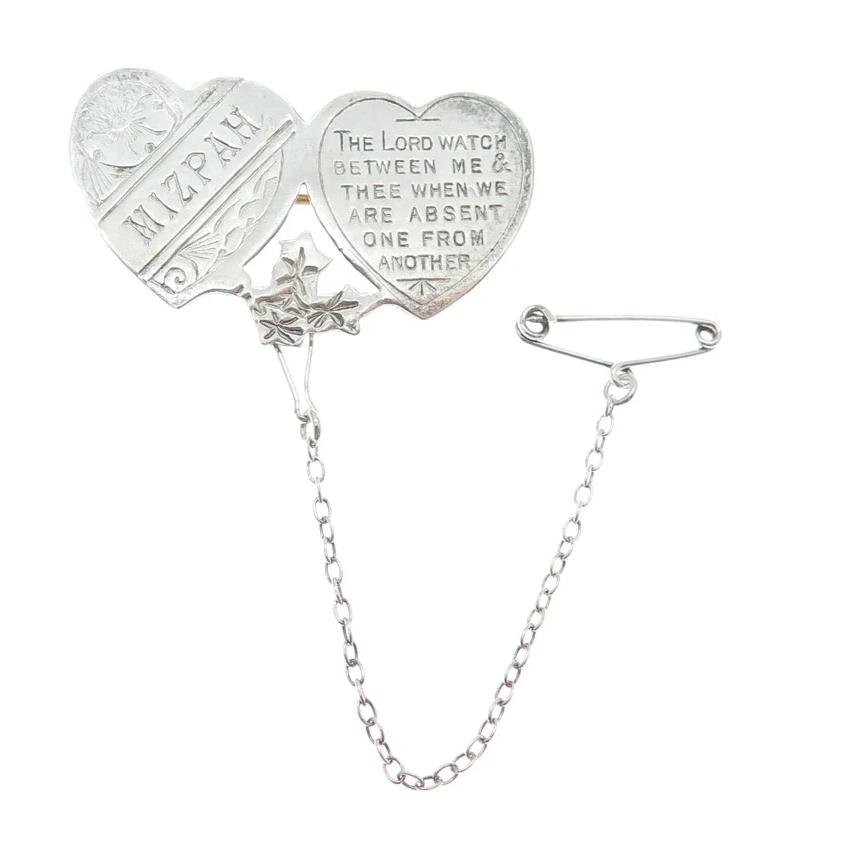 925 Sterling Silver Antique Engraved Mizpah Genesis 31:49 Bible Heart Pin Brooch