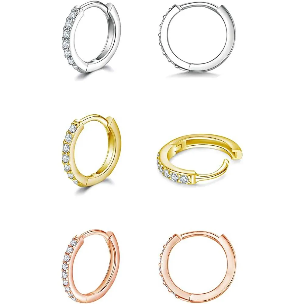 925 Sterling Silver Post Small Hoop Earrings Cubic Zirconia Huggie Hoop Earrings,3 Pairs 14K White Gold Plated Cartilage Piercing Earrings Ear Cuff Tiny Hoop Earrings for Women Men 8mm 10mm 12mm | Multiple Colors