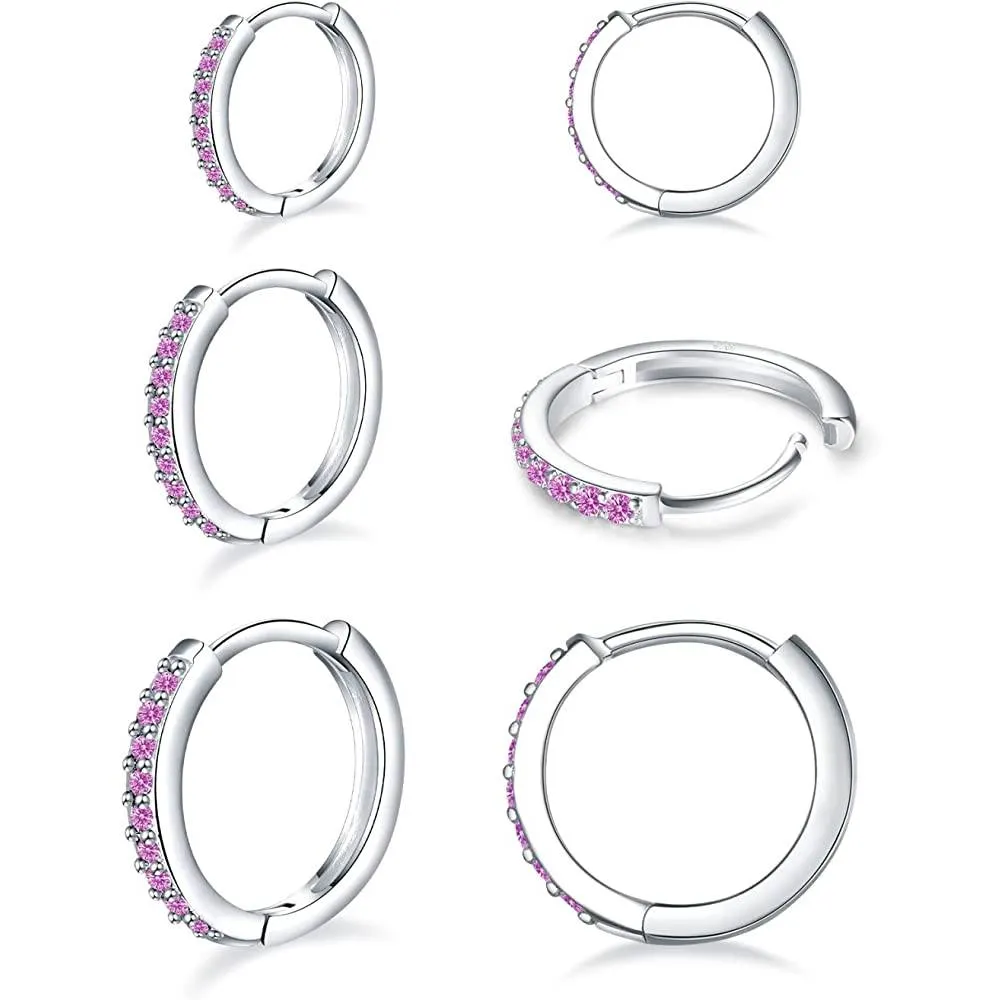 925 Sterling Silver Post Small Hoop Earrings Cubic Zirconia Huggie Hoop Earrings,3 Pairs 14K White Gold Plated Cartilage Piercing Earrings Ear Cuff Tiny Hoop Earrings for Women Men 8mm 10mm 12mm | Multiple Colors
