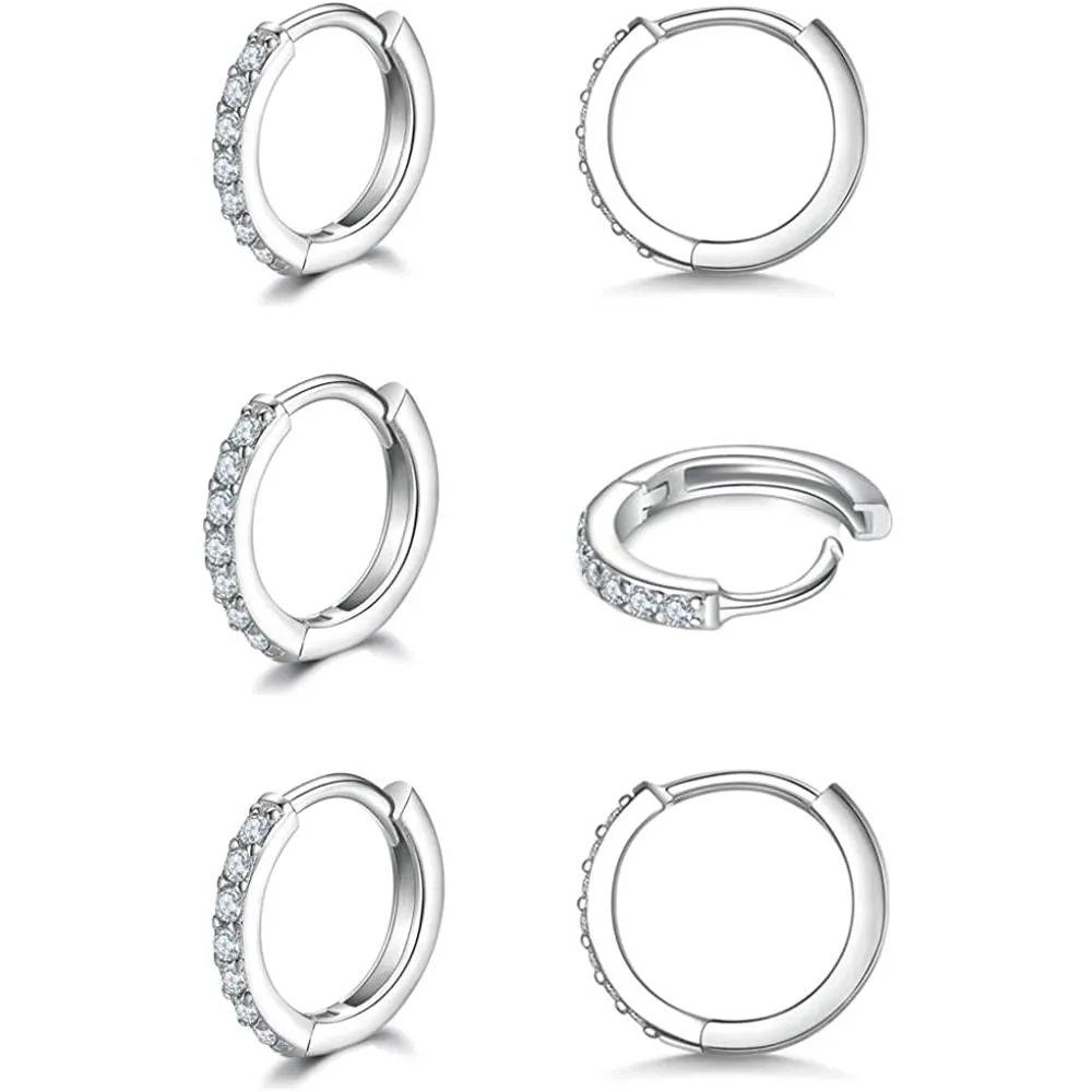 925 Sterling Silver Post Small Hoop Earrings Cubic Zirconia Huggie Hoop Earrings,3 Pairs 14K White Gold Plated Cartilage Piercing Earrings Ear Cuff Tiny Hoop Earrings for Women Men 8mm 10mm 12mm | Multiple Colors