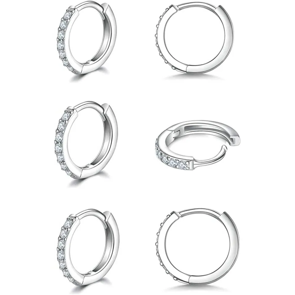 925 Sterling Silver Post Small Hoop Earrings Cubic Zirconia Huggie Hoop Earrings,3 Pairs 14K White Gold Plated Cartilage Piercing Earrings Ear Cuff Tiny Hoop Earrings for Women Men 8mm 10mm 12mm | Multiple Colors