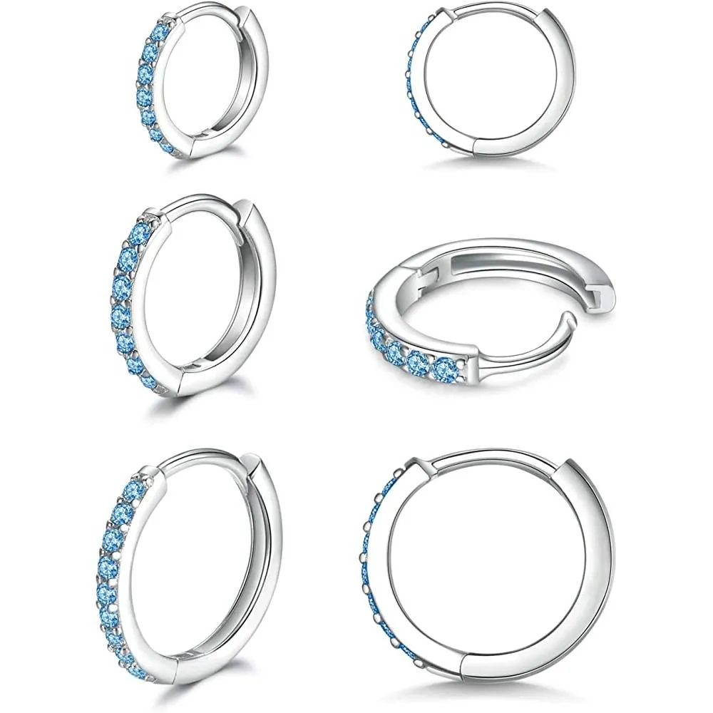 925 Sterling Silver Post Small Hoop Earrings Cubic Zirconia Huggie Hoop Earrings,3 Pairs 14K White Gold Plated Cartilage Piercing Earrings Ear Cuff Tiny Hoop Earrings for Women Men 8mm 10mm 12mm | Multiple Colors