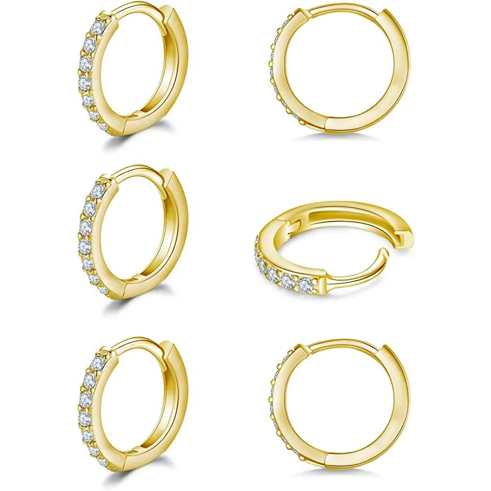 925 Sterling Silver Post Small Hoop Earrings Cubic Zirconia Huggie Hoop Earrings,3 Pairs 14K White Gold Plated Cartilage Piercing Earrings Ear Cuff Tiny Hoop Earrings for Women Men 8mm 10mm 12mm | Multiple Colors