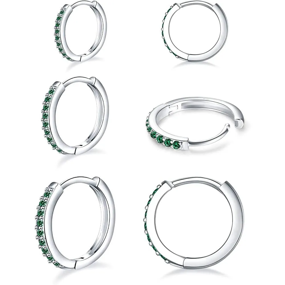 925 Sterling Silver Post Small Hoop Earrings Cubic Zirconia Huggie Hoop Earrings,3 Pairs 14K White Gold Plated Cartilage Piercing Earrings Ear Cuff Tiny Hoop Earrings for Women Men 8mm 10mm 12mm | Multiple Colors