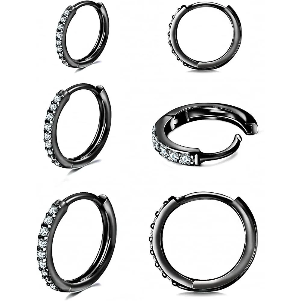 925 Sterling Silver Post Small Hoop Earrings Cubic Zirconia Huggie Hoop Earrings,3 Pairs 14K White Gold Plated Cartilage Piercing Earrings Ear Cuff Tiny Hoop Earrings for Women Men 8mm 10mm 12mm | Multiple Colors