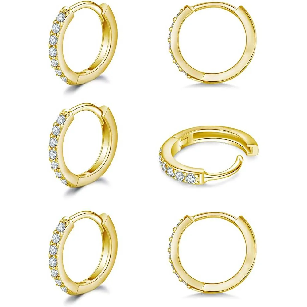 925 Sterling Silver Post Small Hoop Earrings Cubic Zirconia Huggie Hoop Earrings,3 Pairs 14K White Gold Plated Cartilage Piercing Earrings Ear Cuff Tiny Hoop Earrings for Women Men 8mm 10mm 12mm | Multiple Colors