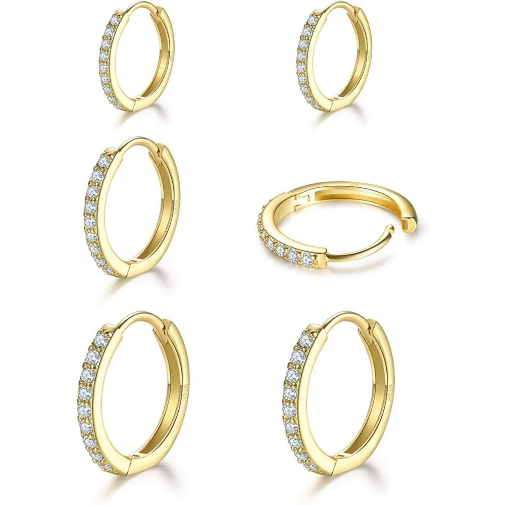 925 Sterling Silver Post Small Hoop Earrings Cubic Zirconia Huggie Hoop Earrings,3 Pairs 14K White Gold Plated Cartilage Piercing Earrings Ear Cuff Tiny Hoop Earrings for Women Men 8mm 10mm 12mm | Multiple Colors