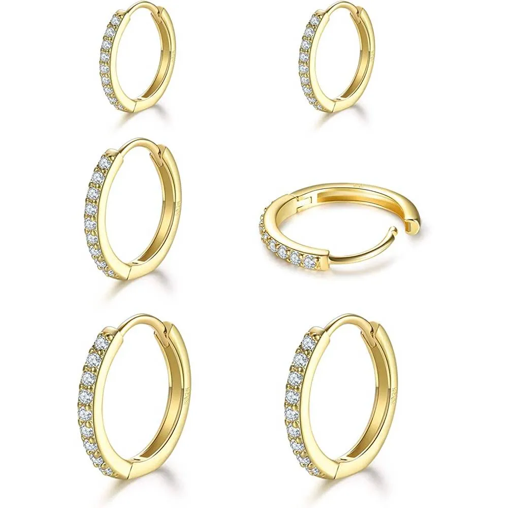 925 Sterling Silver Post Small Hoop Earrings Cubic Zirconia Huggie Hoop Earrings,3 Pairs 14K White Gold Plated Cartilage Piercing Earrings Ear Cuff Tiny Hoop Earrings for Women Men 8mm 10mm 12mm | Multiple Colors