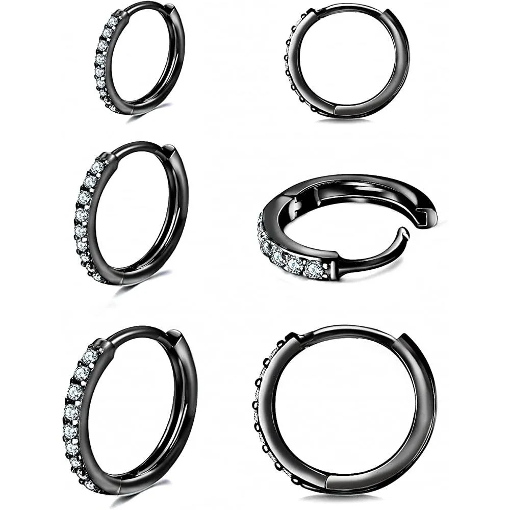 925 Sterling Silver Post Small Hoop Earrings Cubic Zirconia Huggie Hoop Earrings,3 Pairs 14K White Gold Plated Cartilage Piercing Earrings Ear Cuff Tiny Hoop Earrings for Women Men 8mm 10mm 12mm | Multiple Colors