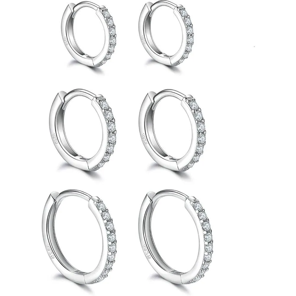 925 Sterling Silver Post Small Hoop Earrings Cubic Zirconia Huggie Hoop Earrings,3 Pairs 14K White Gold Plated Cartilage Piercing Earrings Ear Cuff Tiny Hoop Earrings for Women Men 8mm 10mm 12mm | Multiple Colors