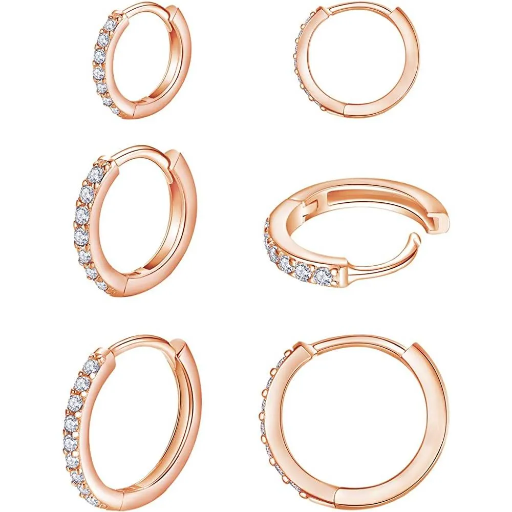 925 Sterling Silver Post Small Hoop Earrings Cubic Zirconia Huggie Hoop Earrings,3 Pairs 14K White Gold Plated Cartilage Piercing Earrings Ear Cuff Tiny Hoop Earrings for Women Men 8mm 10mm 12mm | Multiple Colors