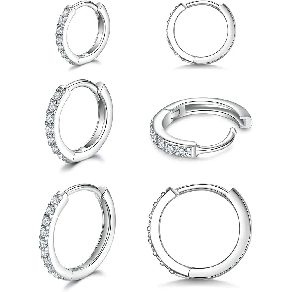 925 Sterling Silver Post Small Hoop Earrings Cubic Zirconia Huggie Hoop Earrings,3 Pairs 14K White Gold Plated Cartilage Piercing Earrings Ear Cuff Tiny Hoop Earrings for Women Men 8mm 10mm 12mm | Multiple Colors