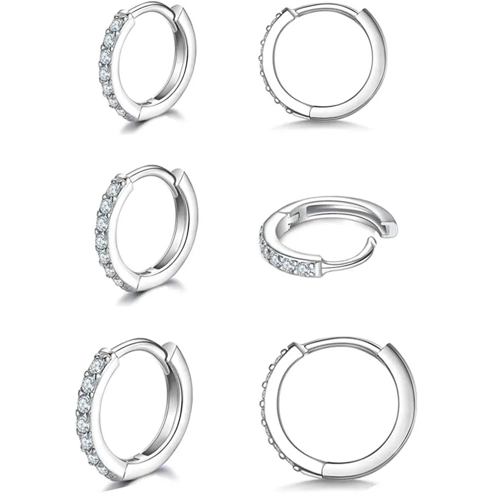 925 Sterling Silver Post Small Hoop Earrings Cubic Zirconia Huggie Hoop Earrings,3 Pairs 14K White Gold Plated Cartilage Piercing Earrings Ear Cuff Tiny Hoop Earrings for Women Men 8mm 10mm 12mm | Multiple Colors
