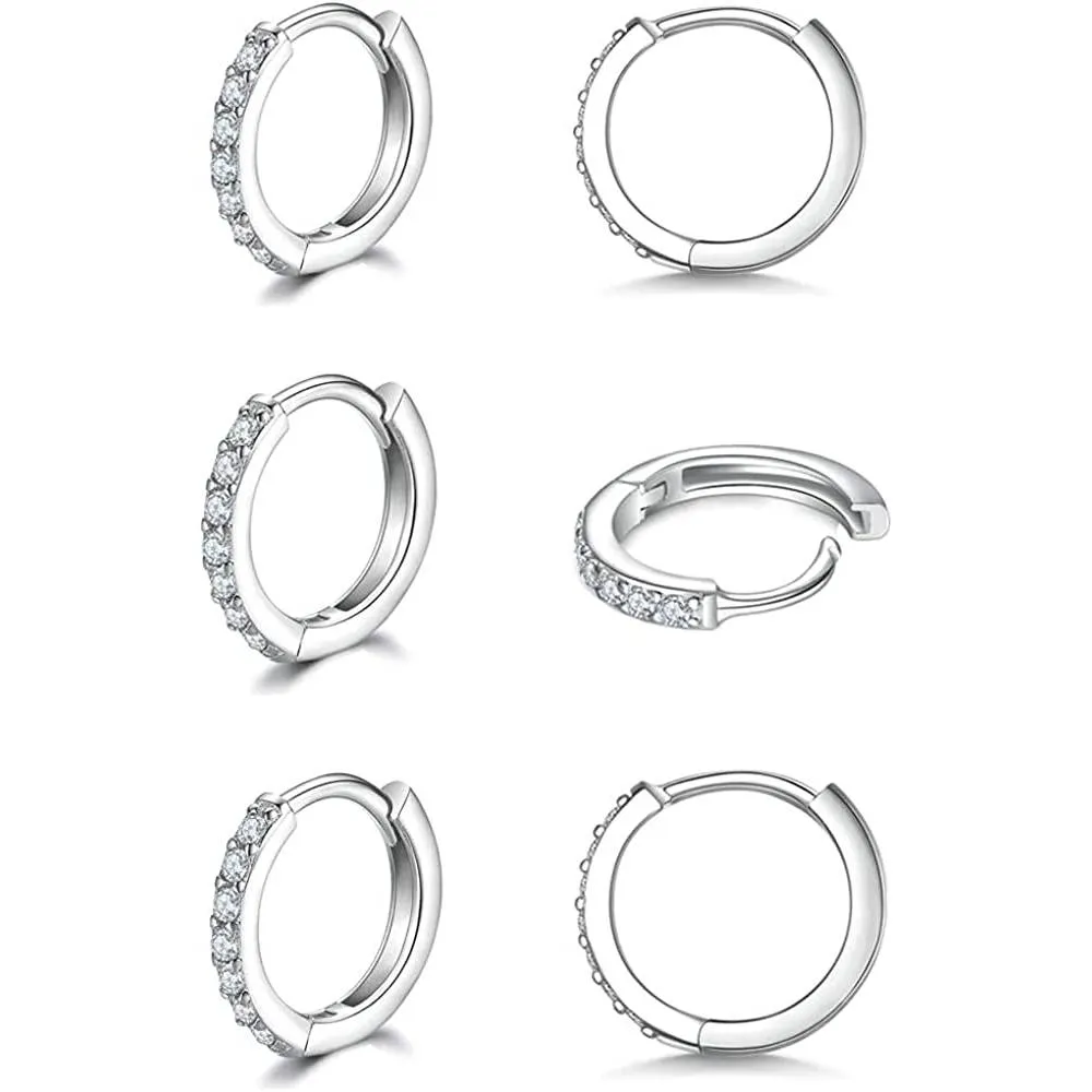 925 Sterling Silver Post Small Hoop Earrings Cubic Zirconia Huggie Hoop Earrings,3 Pairs 14K White Gold Plated Cartilage Piercing Earrings Ear Cuff Tiny Hoop Earrings for Women Men 8mm 10mm 12mm | Multiple Colors