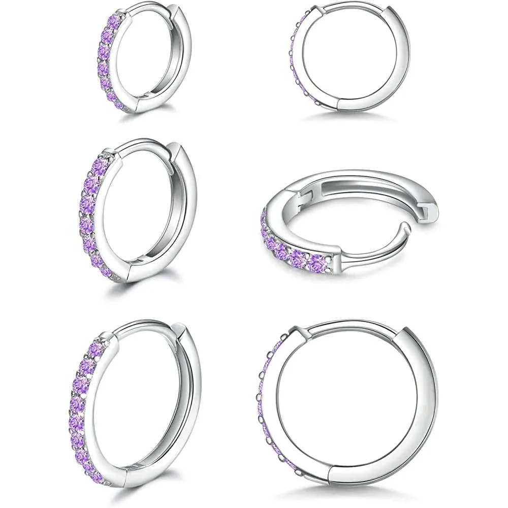925 Sterling Silver Post Small Hoop Earrings Cubic Zirconia Huggie Hoop Earrings,3 Pairs 14K White Gold Plated Cartilage Piercing Earrings Ear Cuff Tiny Hoop Earrings for Women Men 8mm 10mm 12mm | Multiple Colors