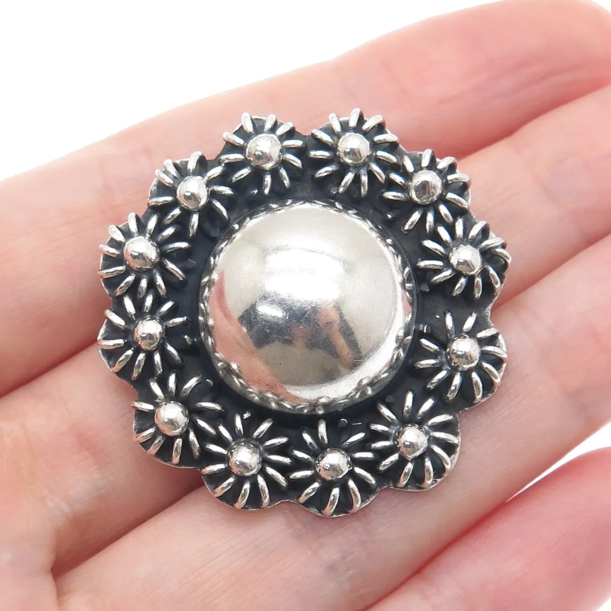 925 Sterling Silver Vintage Mexico Cannetille Floral Oxidized Pin Brooch Pendant
