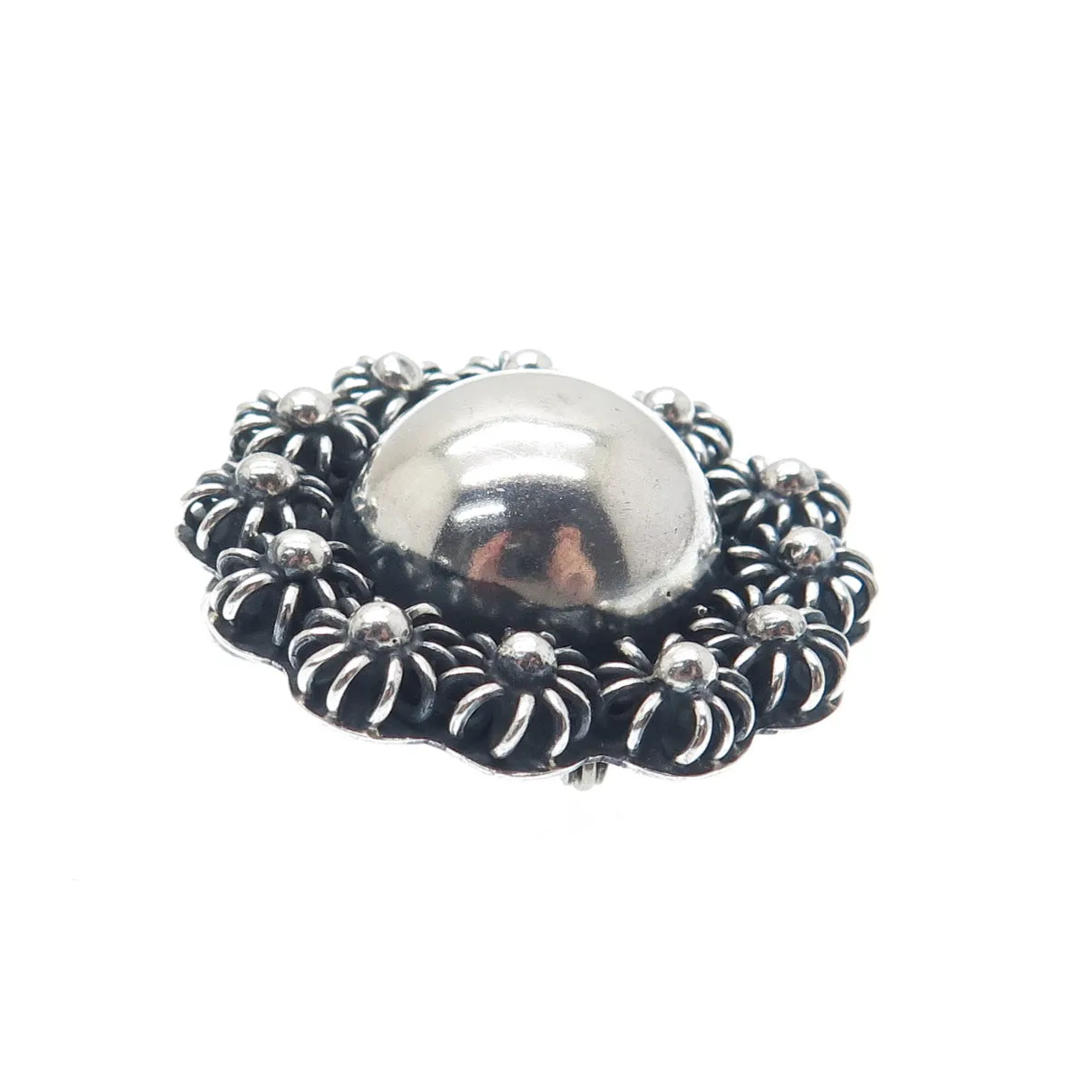 925 Sterling Silver Vintage Mexico Cannetille Floral Oxidized Pin Brooch Pendant