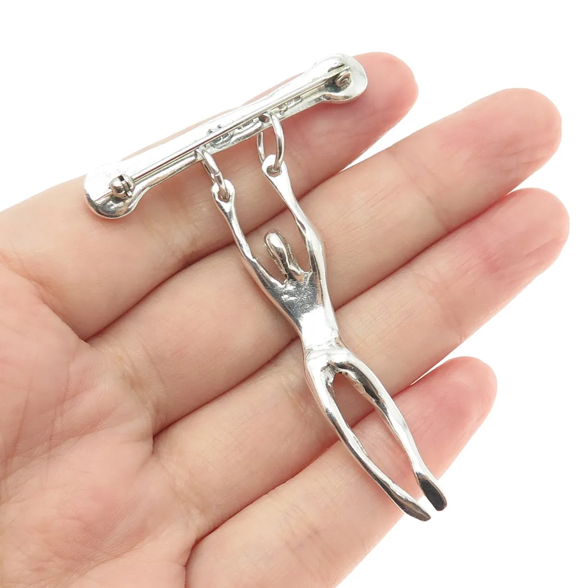 925 Sterling Silver Vintage Mexico Modernist Hanging Man Pin Brooch