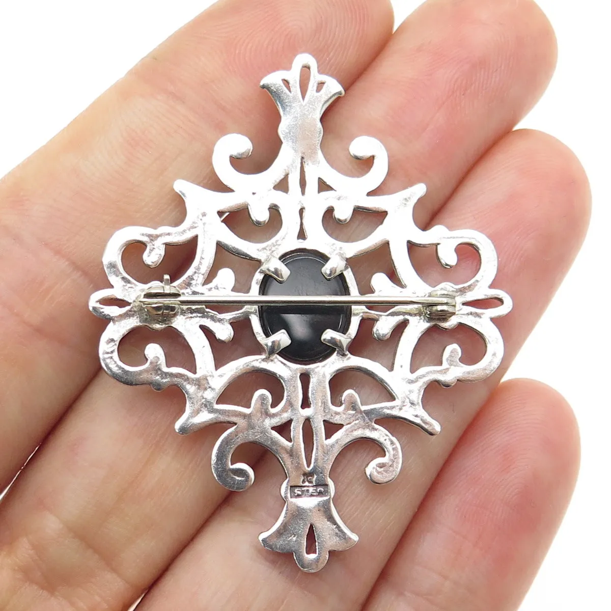 925 Sterling Silver Vintage Real Black Onyx Fleur de Lis Cross Pin Brooch