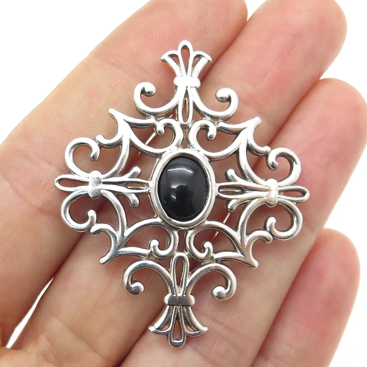 925 Sterling Silver Vintage Real Black Onyx Fleur de Lis Cross Pin Brooch