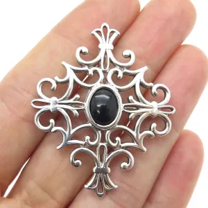 925 Sterling Silver Vintage Real Black Onyx Fleur de Lis Cross Pin Brooch