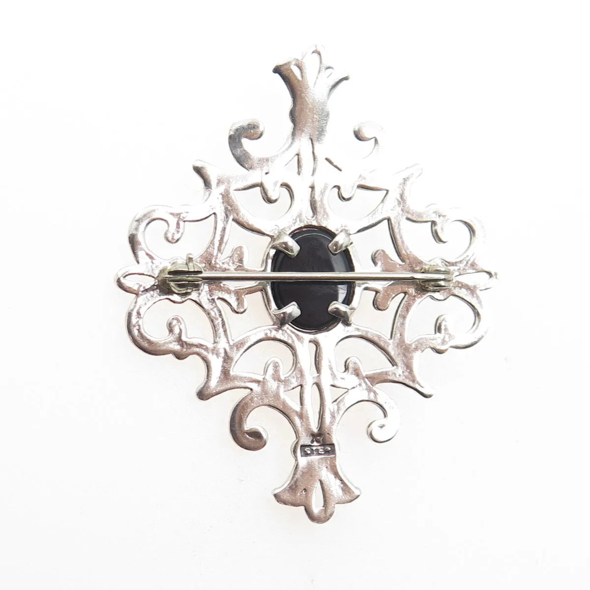 925 Sterling Silver Vintage Real Black Onyx Fleur de Lis Cross Pin Brooch